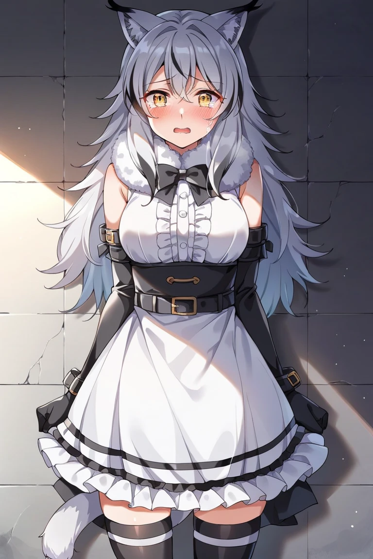 score_9, score_8_up, source_anime, 1girl, solo, KoboKanaeru, blue eyes, long hair, blue hair, colored tips, white hair, high-waist skirt, long skirt, white skirt, black shirt, long sleeves, , standing, indoors, Basement, (bound with an excessive amount of ropes), (bound wirsts), (arms behind back), (tapegag, tape gag), dramatic,  (looking at viewer), (detailed pupils:1.3),ahoge