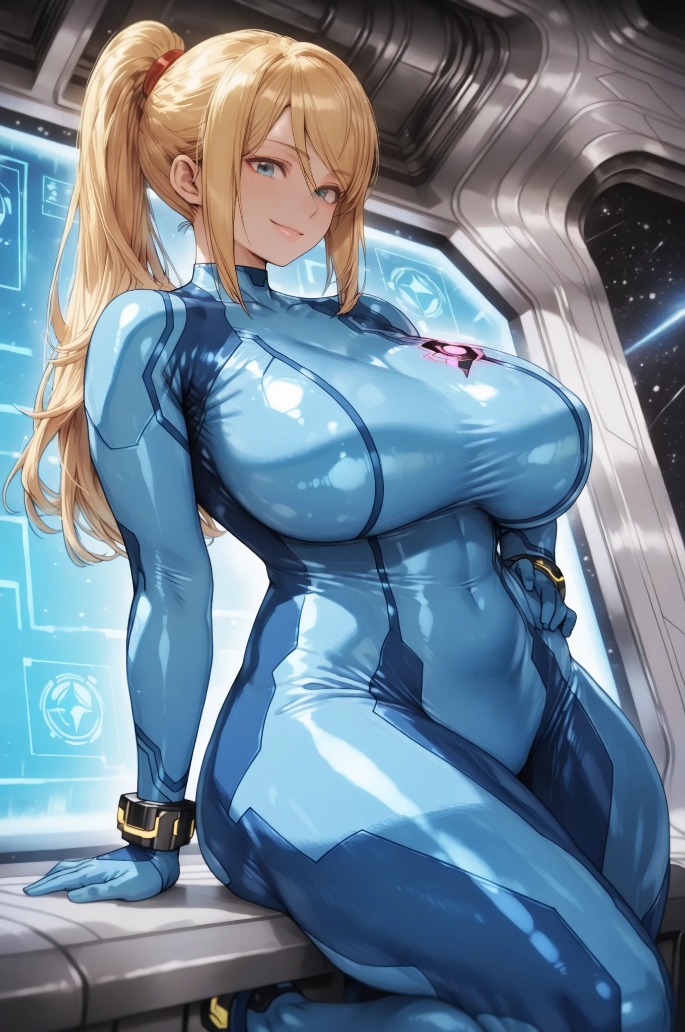 1girl, large breasts, wide hips, thick thighs, toned, mature female, milf, toned female, blue eyes, blue bodysuit, bodysuit, futurustic, science-fiction, neon trim, neon, neon lights, blonde hair, ponytail, salute, standing, serious, cameltoe, pilot suit