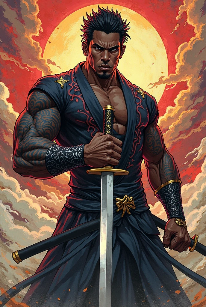A warrior with two sabers, The man is black, il a les cheveux courts et blancs, he is quite muscular, il a un style comme Roronoa Zoro, il est 2 fois moins musclé et il a le haki sur les bras