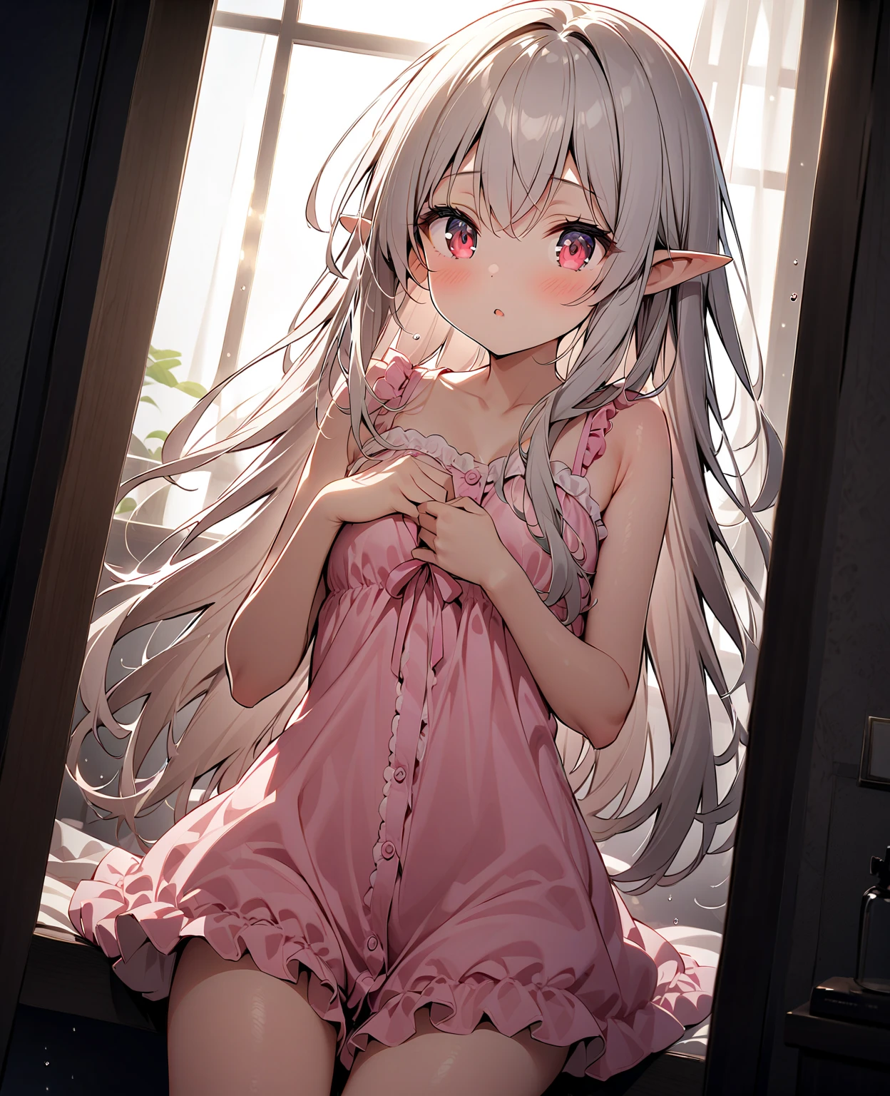 Highest quality、Ultra-high resolution、Fae, a fairy in human form、((Delicate, transparent wings on its back))、Long straight hair with a center part、Pink Hair、Big pink eyes、Round Glasses、White flower hair ornament、Pale pink dress、Puff sleeve design and knee-length skirt、Over the knee socks、Sit on the bed、Slim figure、Plump breasts、Elf Ears、Embarrassed look、Photorealism、Low angle shot：1.5、(M-shaped foot：1.4)、((Showing her panties：1.5))、A sexy look for the camera、((pink silk panties))、((Panties close up：1.4))、detailed、(PurerosFace_v1:0.008)、eyeliner、cheek、Embarrassing、shine、Glossy Lips：1.4、impatience、fear、shine、Panty appeal、Panty close-up：1.3、blush、Are crying、Crying face、Open your knees、Spread your legs、Disheveled clothes、Change of clothes、Bedroom、解剖学的にAccurate human body、Perfect Arms、Perfect hands、Perfect Fingers、Perfect Legs、Accurate human body、High quality digital art