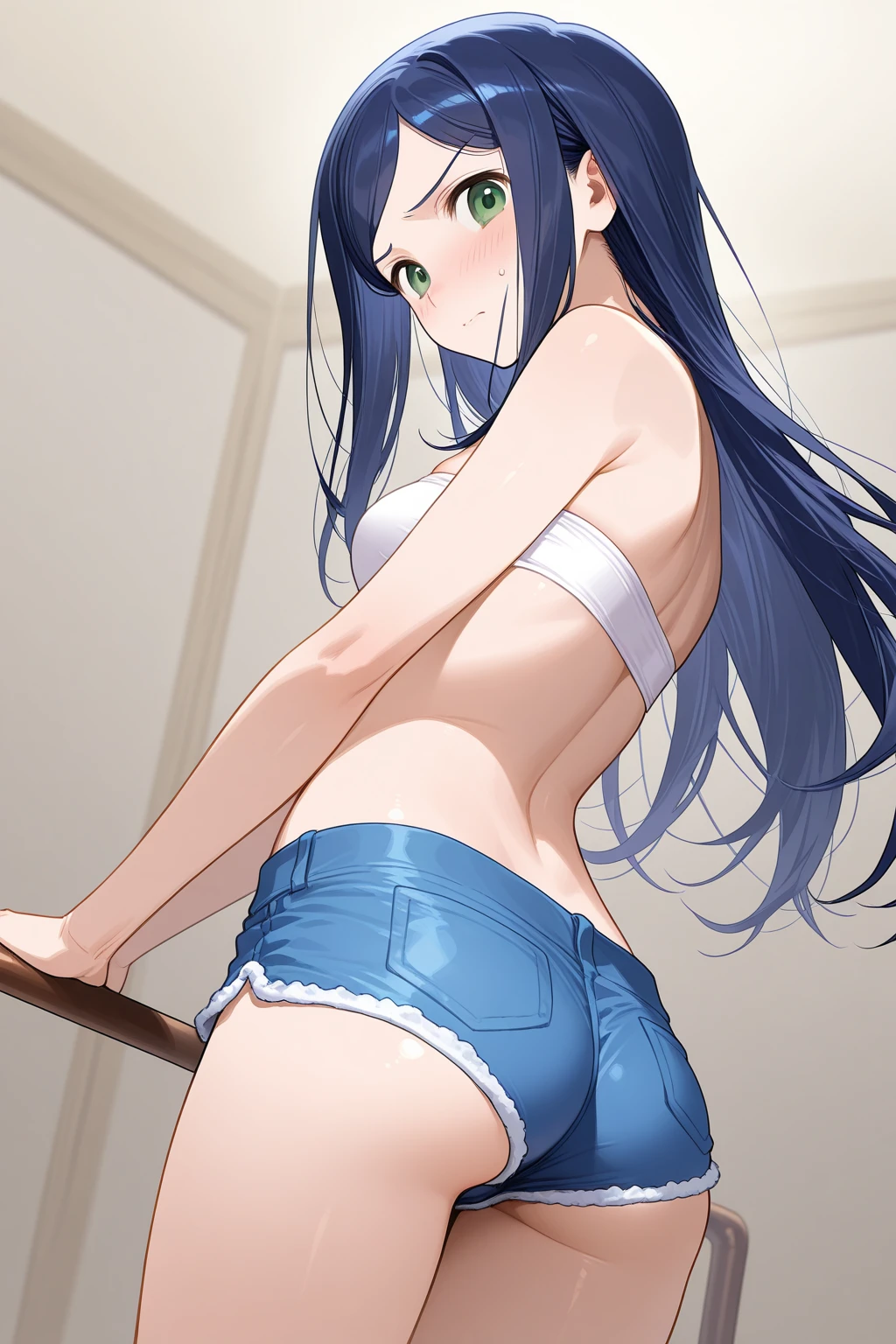 high resolution, best quality,1 girls, baby face, beautiful hair,(medium breasts), slender, detailed eyes, beautiful legs, slim-legs,shiny skin, blush,great joy,(detailed cheerleader costume), mini skirt,(detailed panties),athletics stadium,(dynamic pose), scrunchie,(focus on ass:1.2),