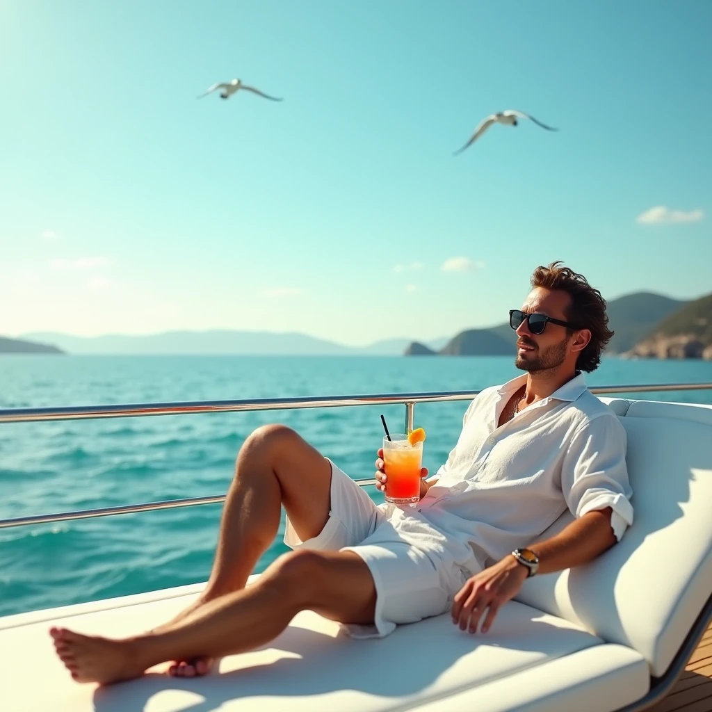 Create a cover for my Tech House set, try to draw a man lying on a yacht with a beautiful landscape and drinks next to it