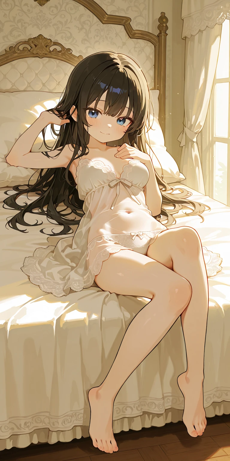 beautiful illustrations, highest quality, pretty girl, 1girl, Bedroom, pastel colour, (two-separated lingerie), reddish brown long hair, headband, cute lingerie, bright lighting