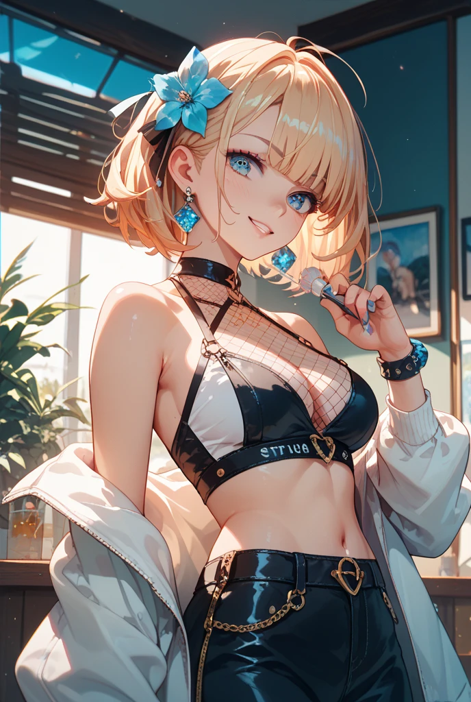 Absurd, (solo:1.5,)Ultra-detailed,Bright colors, Very beautiful and detailed anime faces and eyes, View from the front, ;D, Shiny_skin,Age 25, short hair, , Asymmetrical bangs, Blonde hair in short pigtails, Shiny髪, Delicate beautiful face, blush、(Deep blue eyes:1.4)、Smile、Small Necklace、hair with delicate and complex lines, Fleeting Colors, 2020 Kantoku-style painting, Tessellation, Large Breasts, Cleavage, (View your viewers), (look back), Headphones, Wireless Headphones, Wide Shot, From behind, lingerie, White bra, White panties, indoor