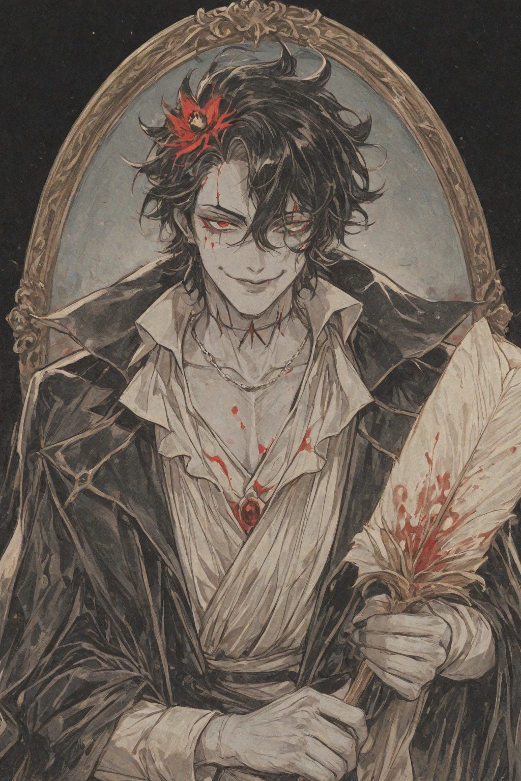 1 men,portraite, messy big hair, Bblack hair, reddish brown eyes, Beautiful Mouth, Caucasian skin, vampire appearance, demon horns,bloodthirsty dark, serious,brawny,demonic,Cao Cao
