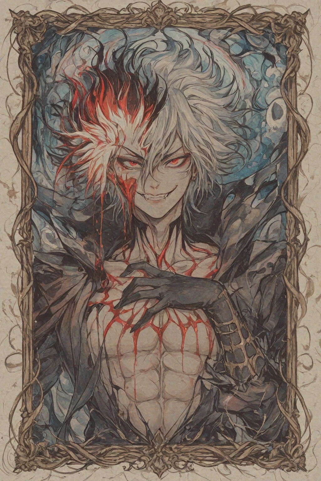 absurdres, highres, ultra detailed, HDR, master piece, best quality, Dabi, white hair, expressive turquoise eyes, Boku No Hero Academia, solo, sexy man, handsome, horny, demon, horns, lewd, white leather clothes, red cape, accessories, showing the chest, blue sky, blue moon, blue trees, blue spider lilies, fantasy, dark magic, magical