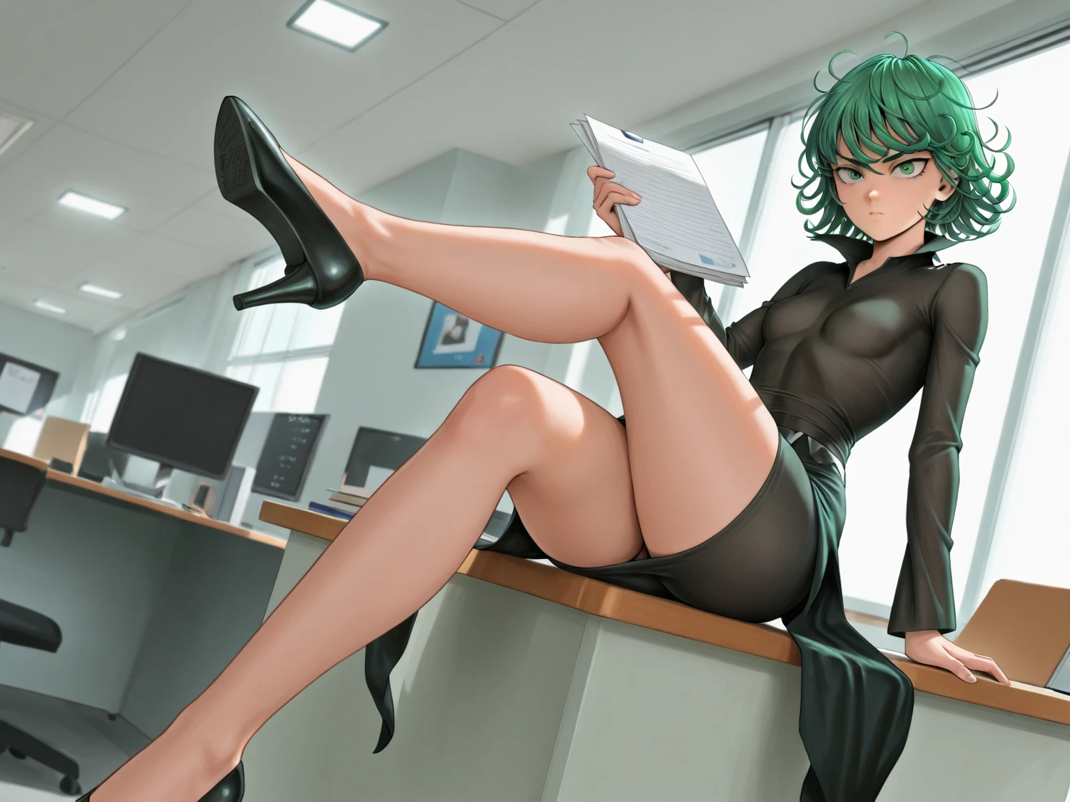 Nsfw, (masterpiece, best quality:1.2), solo, 1girl, tatsumaki, unamused, closed mouth, looking at viewer, hand on own face, laying down, spread legs, collared shirt, necktie, skirt, pantyhose, on desk