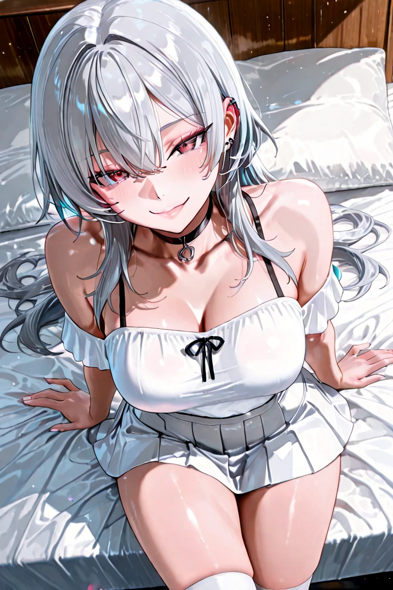 there is a woman laying on a bed with a pillow and headphones, girl cute-fine-face, with cute - fine - face, chiho, kamisato_ayaka, ayaka hair ornament,cowboy shot,ponytail, blunt bangs,blue eyes, closed mouth, eyebrows visible through hair, long hair, silver hair, medium bust