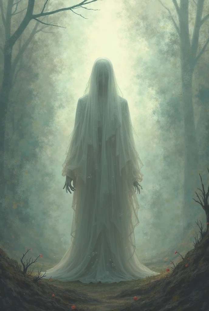 A ghostly figure in a haunted, magical forest, full body view in 8K, best quality, masterpiece