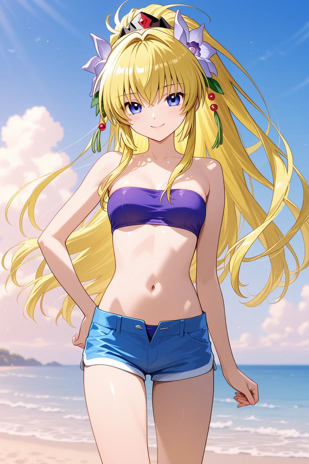 Safe for work, masterpiece, best quality, solo, 1 girl, (young female body:1.4), ( medium breasts), slender legs, golden yellow hair, extra long hair, blunt bangs, crystal blue eyes, very detailed eyes, beach, standing, elegant, smiling, flustered, cute girl, cowboy shot, completely pink swimsuit, detailed eyes, expressive face, built in shorts, pink modest swimsuit with shorts, twin tails, tankini, two piece bathing suit, tankini with long boy shorts, sleeveless
