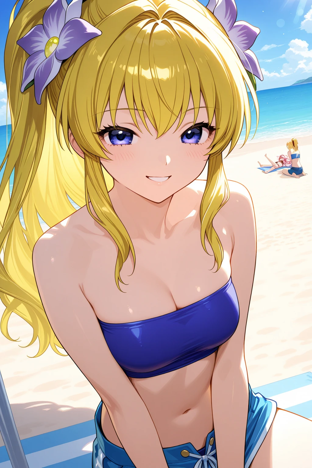 (anime artwork, anime style, studio anime, very detailed, up to date, vibrant, Anime Coloring, high contrast, masterpiece:1.2, best quality, best aesthetics),2 girl,hug from behind,swim suits, Medium chest, A glimpse of thighs,random hair, One eye is hidden by the bangs, perfect proportions, high detail skin, Cute, detailed faces,beach, precise fingers,curvy,swim suits crowd, light brown skin, swim suits tanned,