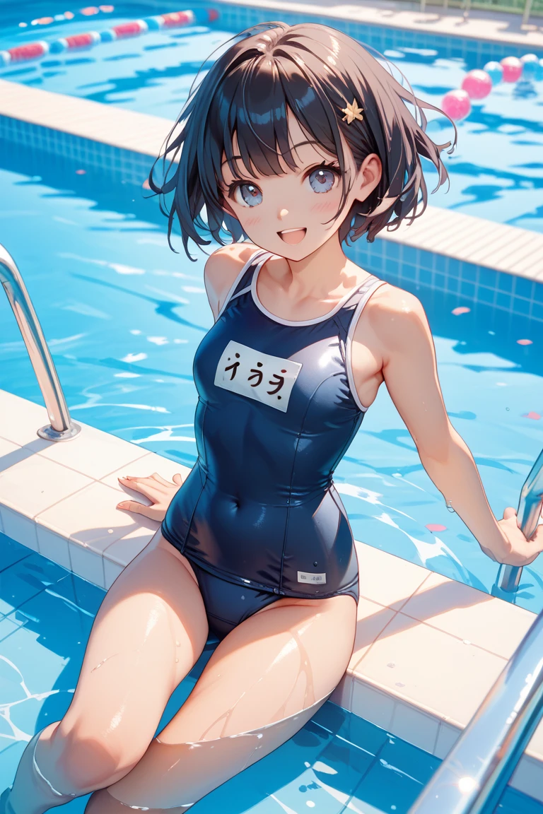 High quality、highest quality、complete limbs、Ultra high definition、vivid colors、very short hair、bob cut、Sparkling eyes、full finger、slender beauty、knee high、school swimsuit、school swimwear、surprised、resort hotel