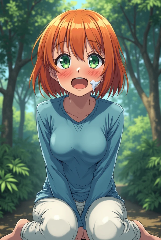 (Masterpiece), Best Quality, ultra-detailed, 1girl (Gwendolyn_Tennyson, lovely small breasts, orange hair, short hair, closed eyes), a pained face , open mouth, headback, nose blush, blush, solo, yellow t-shirts(wet, tired), see-through, ,bare one shoulder,, joch, pleats skirt, ultra mini skirt, lace panties, in the forest, , spread legs, back,hips, anal, top view, 1boy, ass grab, sex, hetero, doggystyle sex, sex from behind, pussy, penis, cumdrip from her pussy,