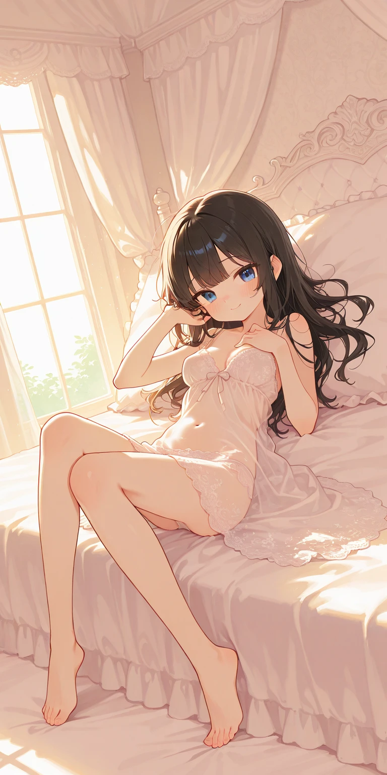 masterpiece, beautiful illustrations, highest quality, pretty girl, 1girl, Bedroom, pastel colour, (two-separated lingerie), cute lingerie, reddish brown long hair, headband, bright lighting, presenting, looking at viewer, on bed