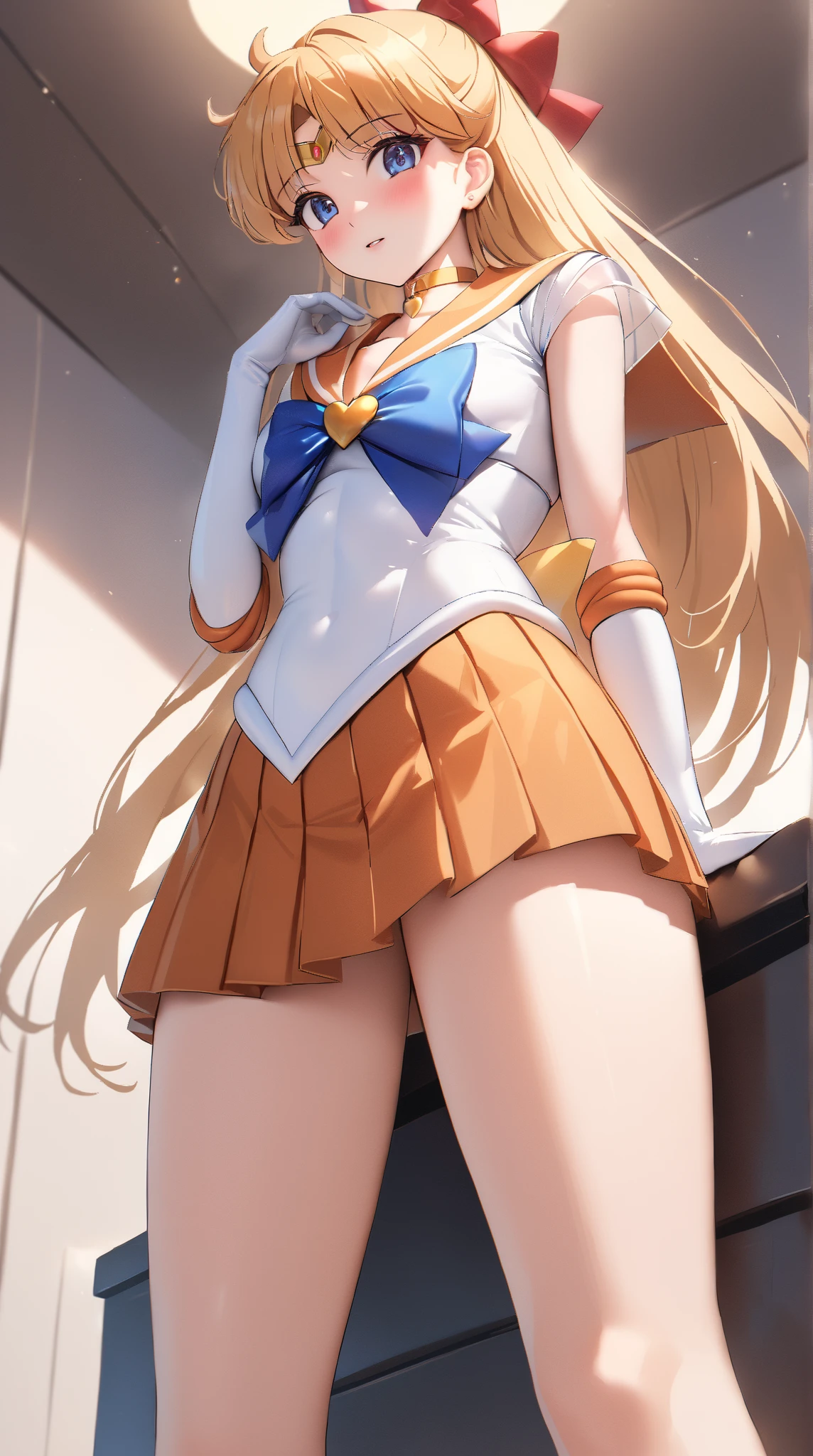 1girl, (Angle from below:1.8), ((Standing with legs apart and showing off her panties)), (Moonlit night)、(On the roof of a building)、thighs、(shiny White skin:1.6)、blue eyes, ((Slim figure)), (12 years old girl), (A sadistic and malicious grin), ((pantiess))、(grin), (Shiny blonde hair)、Long hair, (forehead), (feet), Blue ribbon on chest, (Big red ribbon), ((Sailor Venus))、Sailor suit、(Orange pleated mini skirt)、panties, sexy pose, (close up panties:1.5)、