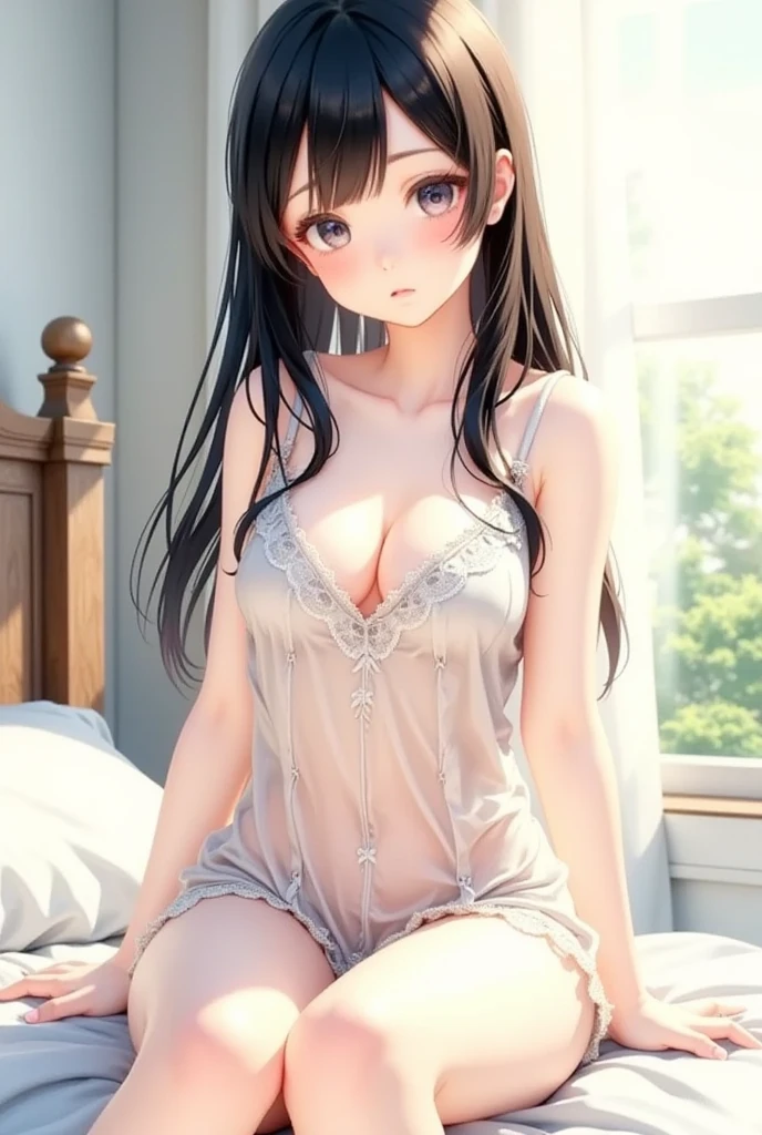 1girl in, top-quality、lighting like a movie、(Black hair long)、(White Mini Dress)、City of Water、(Light blue panties)、full of sweat、Wearing sweat、open one's legs、Spread your legs apart、
