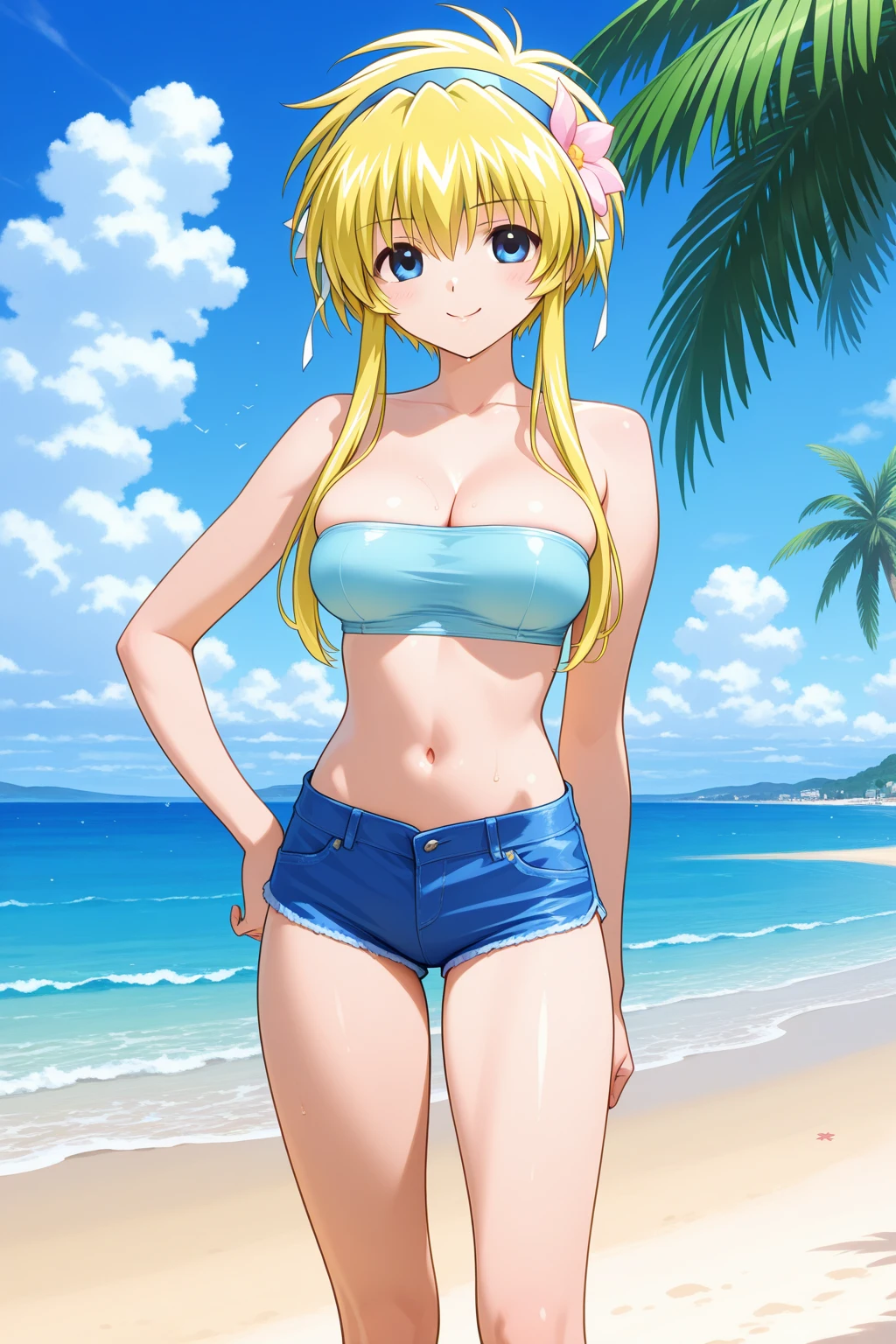 masterpiece, best quality, 1girl, city pop, beach, blue sky, looking at another, topless, cowboy shot, vector illustration, nipples, light smile, blunt bangs, long hair, tube top, stomach, navel, bare shoulders, blonde, ponytail, blue eyes