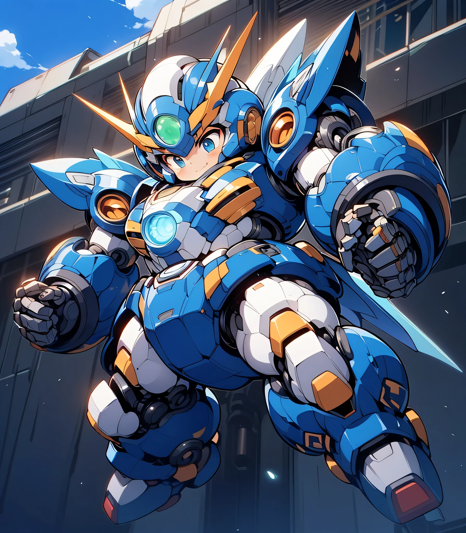 (((1 chibi boy in large robot costume, equip helmet, from below))), smile, 1boy, male child, (chibi), (bulky:1.8), (((helmet))), large cute face, ((looking down:1.5))), mechanical parts, (full armor:1.8), (mecha armor:1.8), (shoulder guards:1.2),(huger arms), ((mechanical arms:1.5)), (short legs), (huger body:1.8), (heavy equipment:1.6), (from below), blue sky, white clouds, robot joints, becoming a mecha, mecha, (RARS), (HRS), ROBOTANIMESTYLE, cute, ((masterpiece)), vibrant colors, 8k, best quality, ultra detailed illustration, ((best quality)), ((high resolution)), flawless skin textures, shiny oiled skin, extremely detailed anime eyes , extreme light and shadow