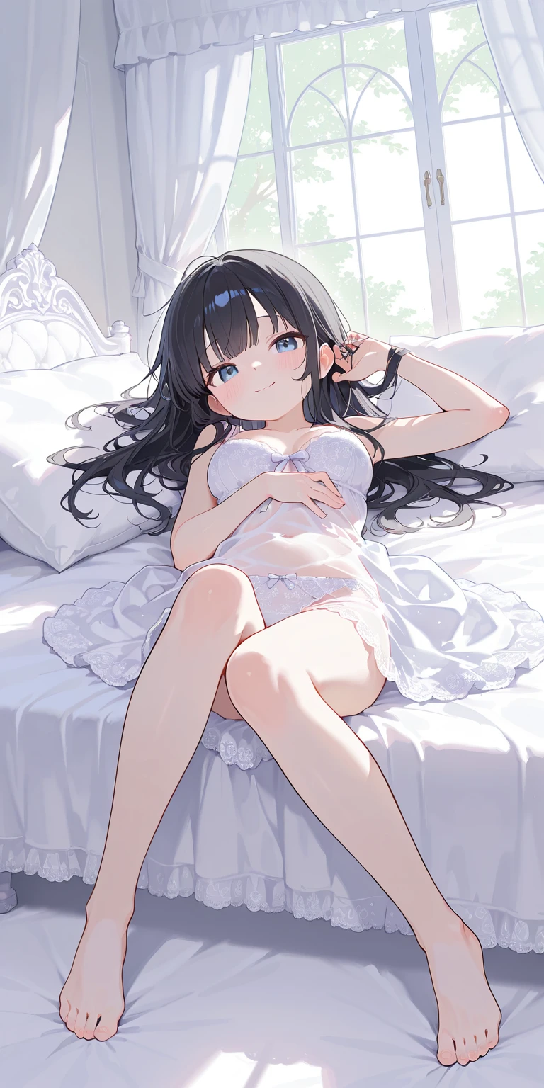 high quality, 最high quality、 Stylish design, (((The cutest girl))), ((Thin legs))、(((最high quality))), High resolution, ((detailed)), ((masterpiece)), ((Super detailed)), 14-year-old girl、(Black Hair、Inner Color）、((Lie on your back in bed)),((Sexy summer clothes)),((Sexual)),(((Shyness)))