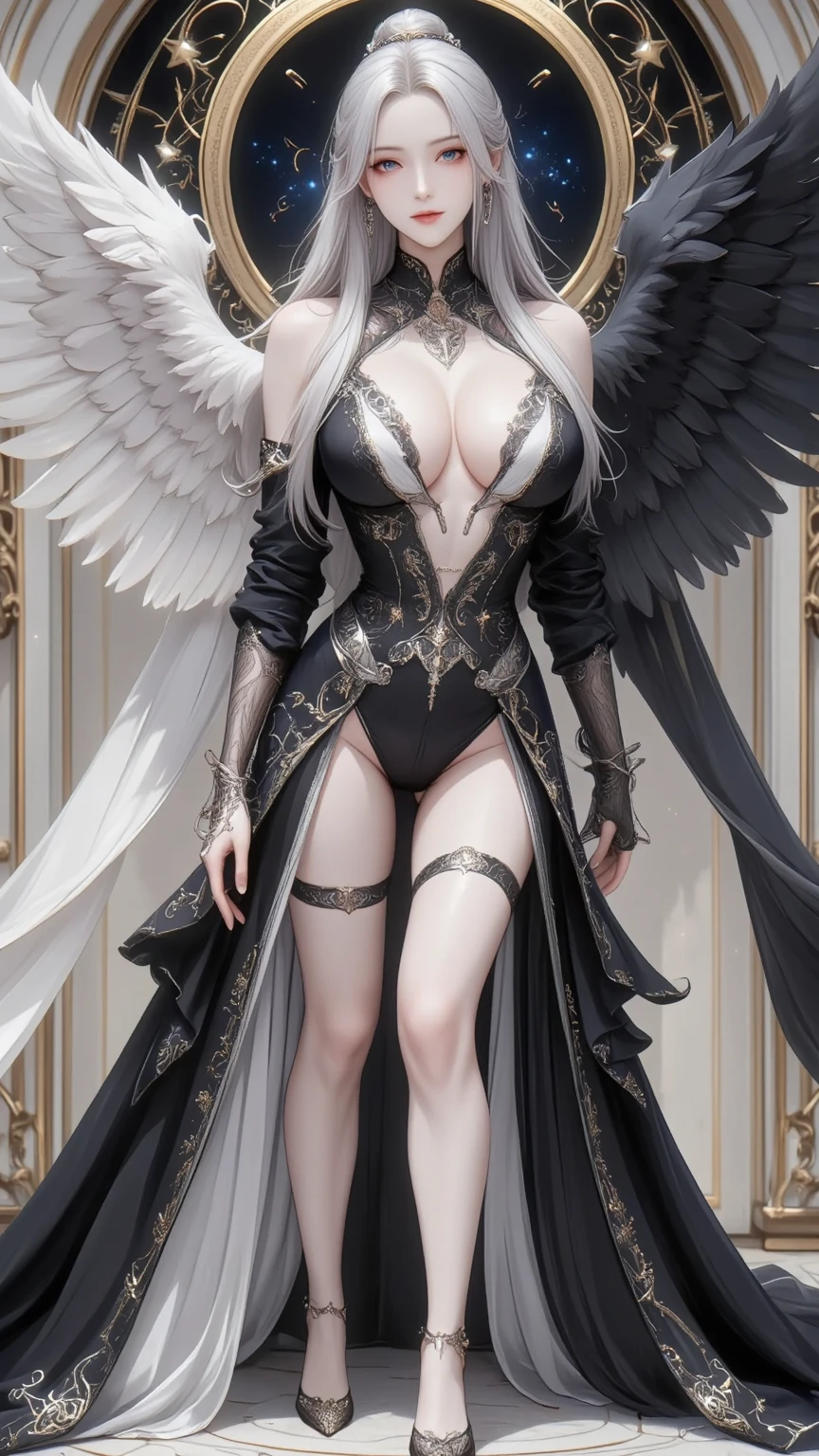 (best quality,ultra-detailed,realistic:1.37),portrait,detailed bird-like wings,detailed bird-like legs,long white hair,beautiful purple eyes,detailed lips,mysterious atmosphere,dark clothing, braid a hair, roupa ladino, manto cobrindo ela, sexy, sex, fucking, naked, sex with a man, fodendo, transando, knife arm