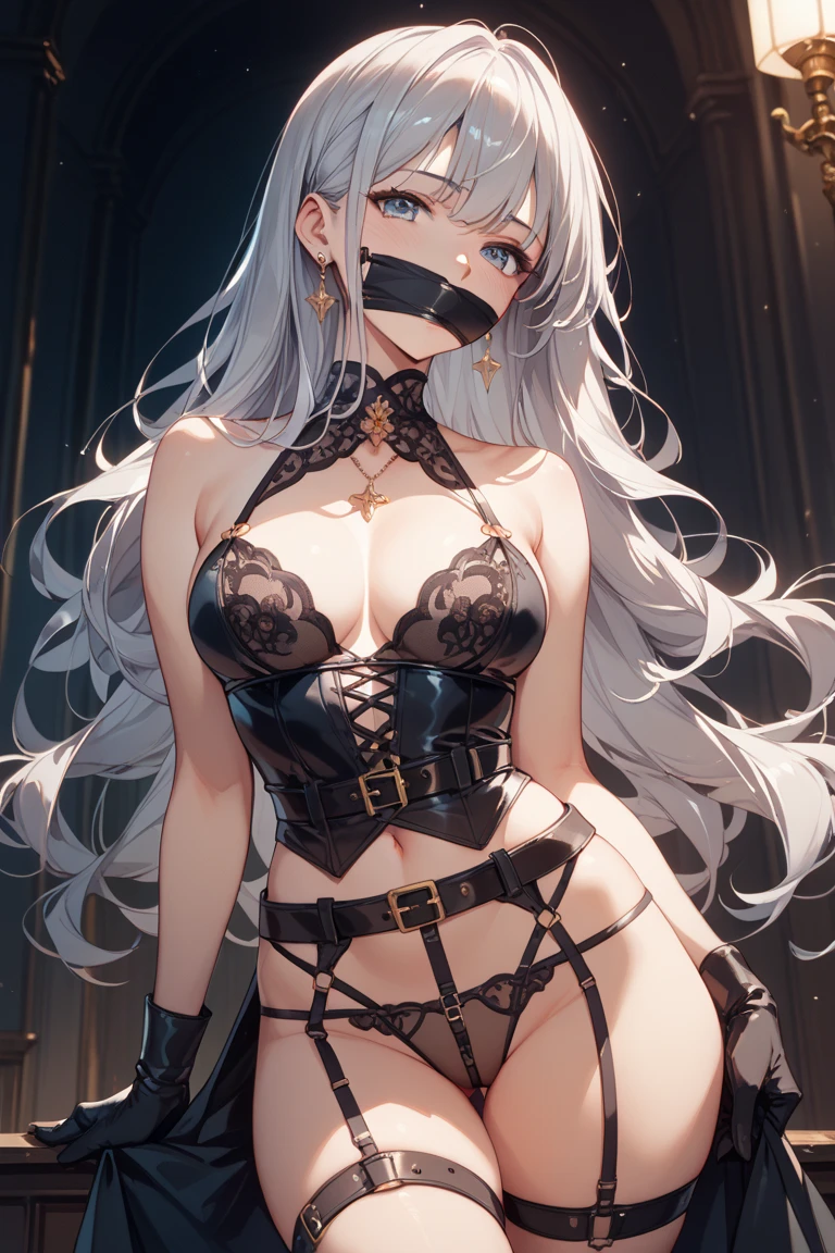 1girl, {white long hair}, black (v neck shape lace top), (black shorts), simple {white background}