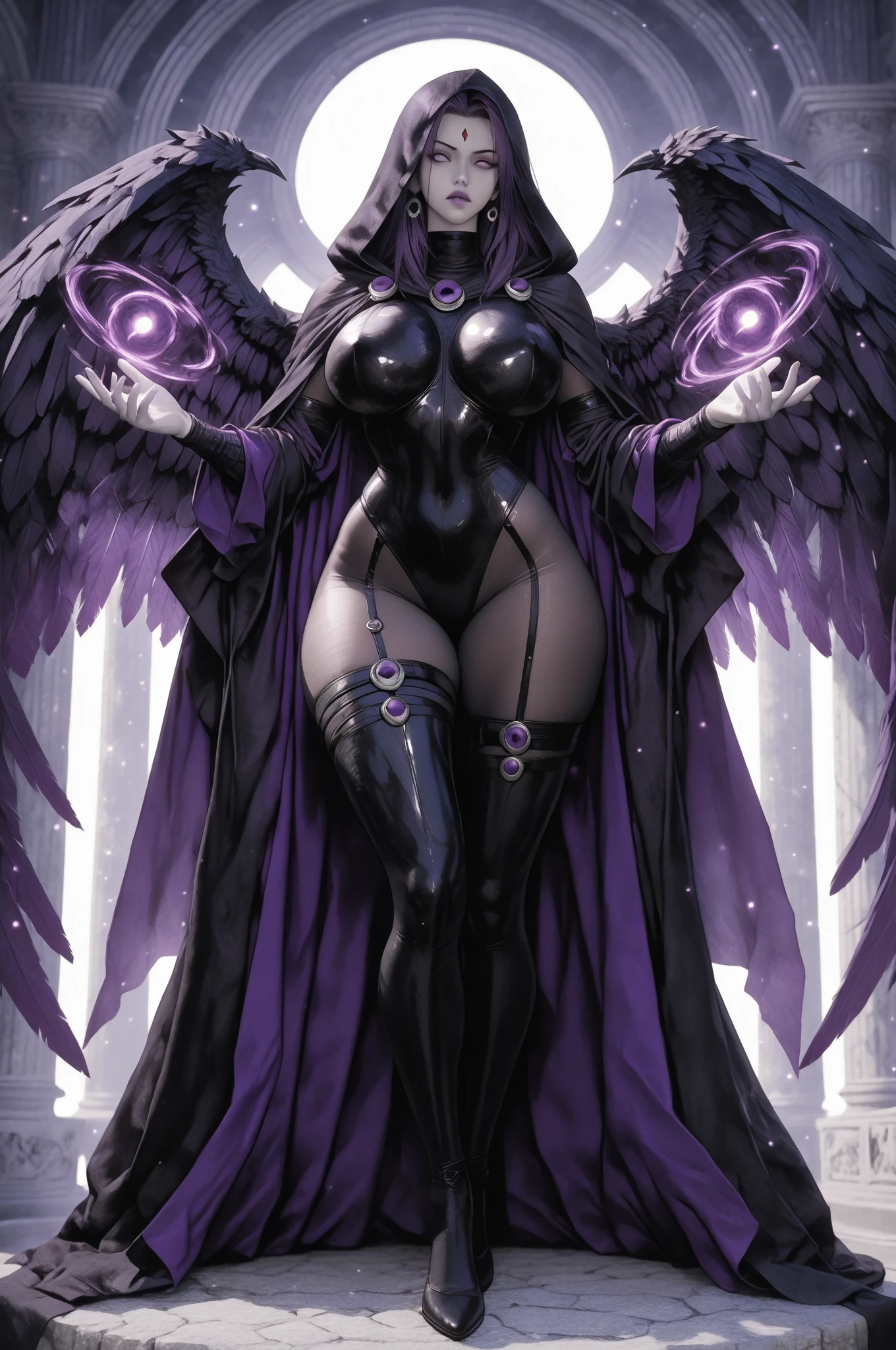 Lisa Ann: The evil nun, Demon horn, Demon wings on the head , sexy robe de nonne, His hands preparing a sphere of purple energy, diabolique, insidieux, Lightning strikes the post-apocalyptic ruins of a city , Context of the Satanic Church, detailled eyes, detailed hands