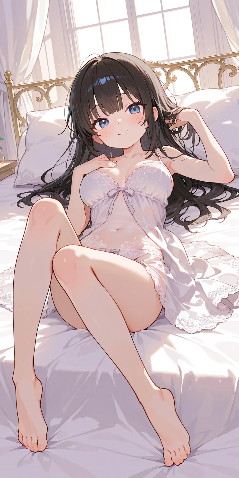 1girl in、A smile、A delightful!　Cute underwear、（small tits）、s asleep、Sleeping in large letters、