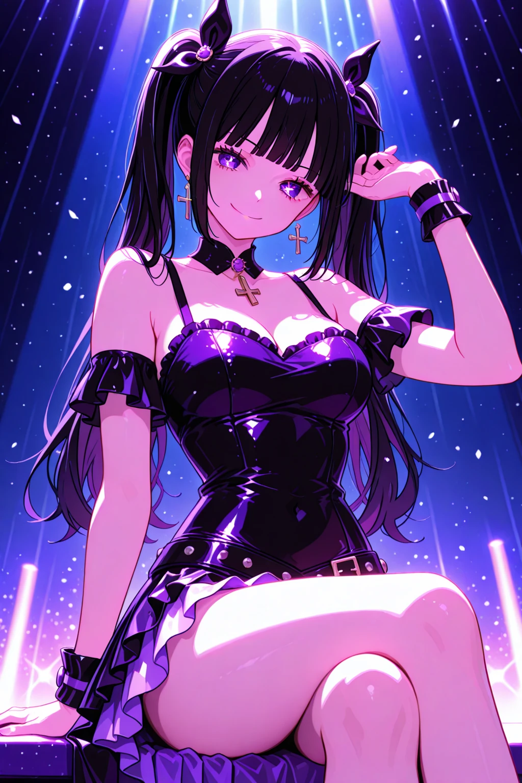 masterpiece, best quality 1boy, solo, trap, beautiful  femboy, bangs, black hair, very long hair, hime cut, blue eyes, deep blush, grin, large breasts, black dog collar, black playboy bunny outfit, cowboyshot, looking at viewer, strip club background 