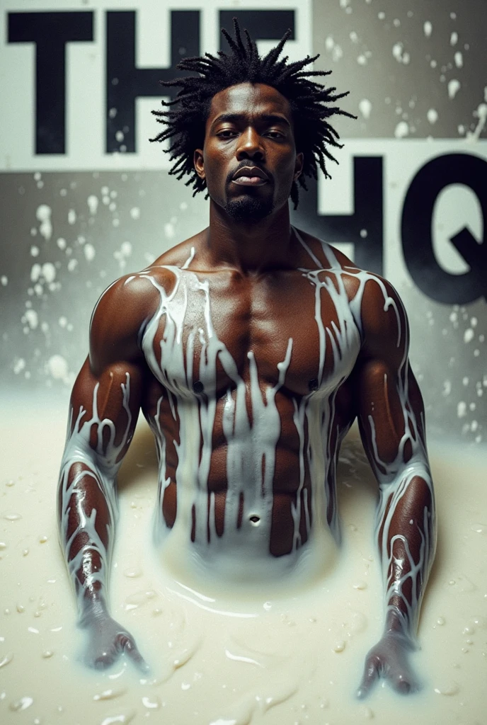 (full body shot, ultra-detailed, best quality, photorealistic:1.37, 4k, realistic, portrait photography, jiggling male, black guy, dressed with melted chocolate, melt chocolate everywhere, fluid brown chocolate, dense fluid chocolate, matte light, iconic pose, detailed facial features, vibrant colours, melt chocolate background, 35mm)