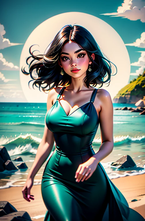 there is a woman standing ocean background, sheer pink see-through dress (breast), full body, long legs, kiss lips, 1 closed eye, full round pupils, portrait, soft portrait shot 8k, tropical flowers in front of woman, beautiful young face, detailed face of a asian girl, Canon EOS-1D X Mark III f/2.8, golden hour
