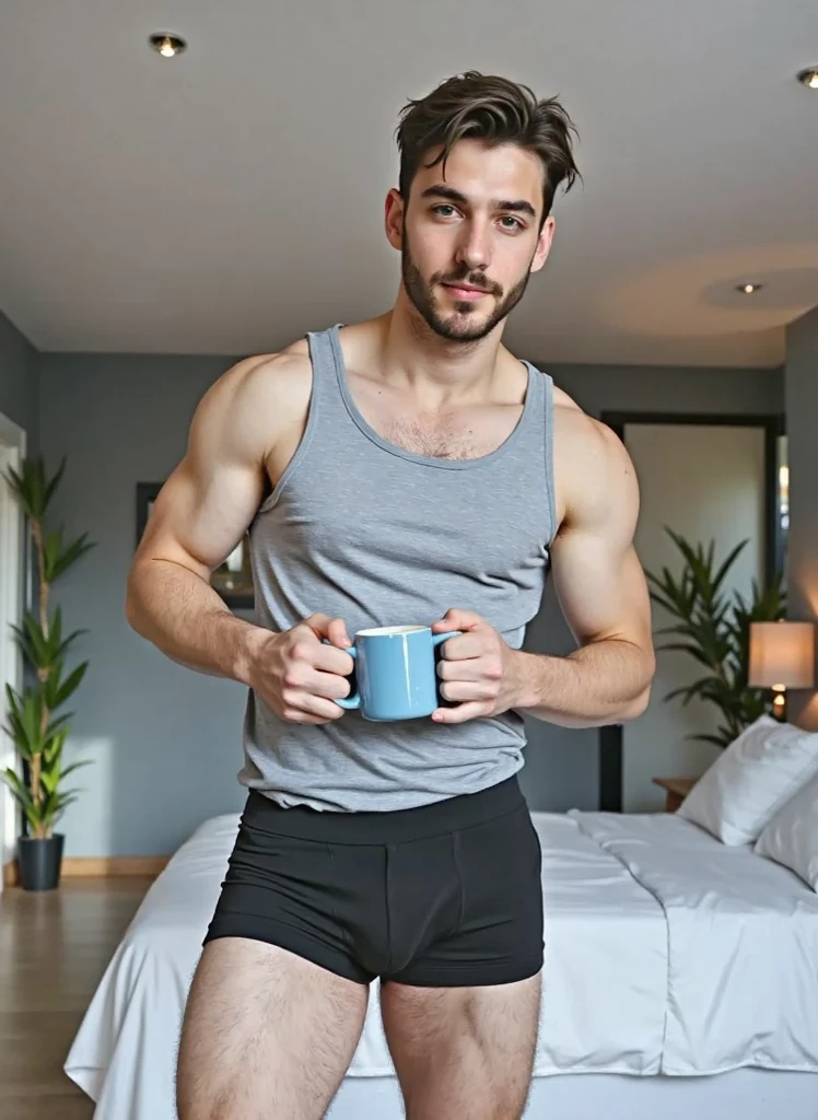Real image of a European Turkish model man with short black hair athletic body, short beard, shirtless, black pants, drinking coffee in a kitchen with a large window. natural daylight.