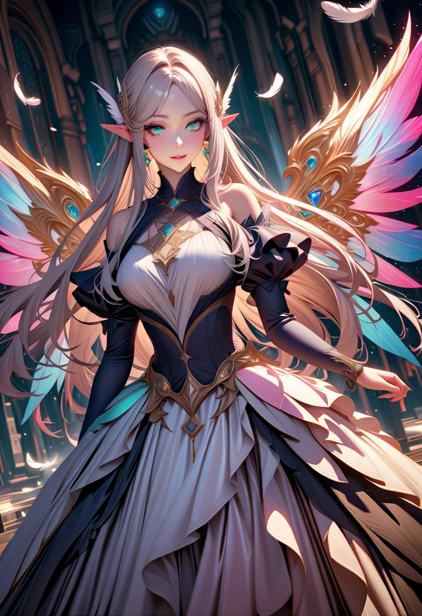 (Absurd, high quality, ultra -compared, careful with the hand) fairy, fairy wings, dreamer body, vivid, romantic and all. Optimistic face, just lies, without entry and intellectual. Green dress. Reckless style, sweet and passion, Gray eyes, cute (eyes of the eyes), enchanted fairy (pixie) . long hair, magenta hair. In the carnival row illustration, flying, dancing lithgly, Whole body, black skin (black skin)