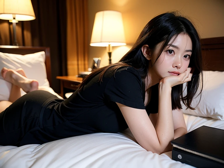 woman、beautiful、Black Hair、long、Hiding the eyes with the hands、Black dress、Style is coming out、Hotel、On the bed