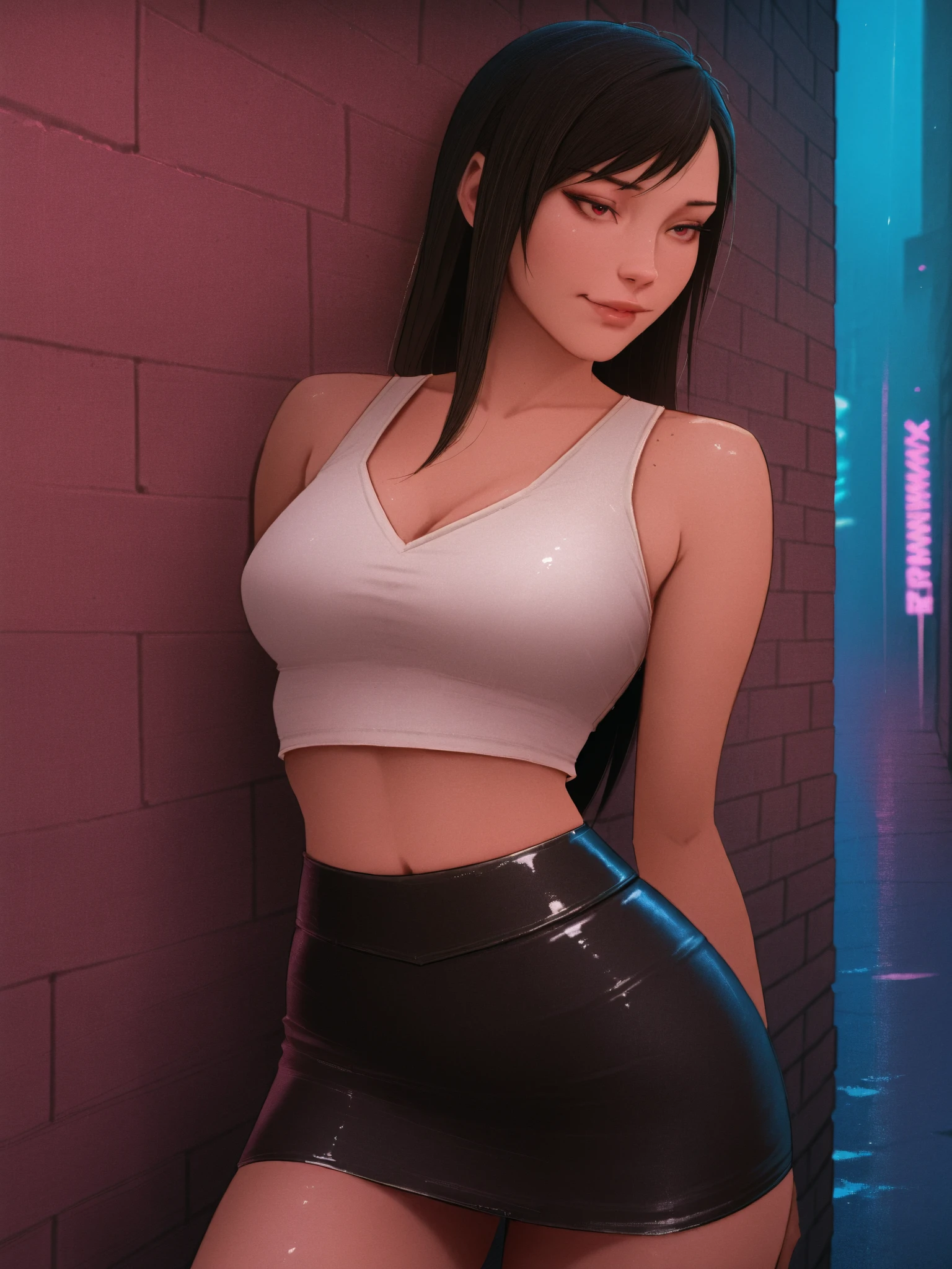 Tifa lockhart, tifa_lockhart, ff7, sultry face, (white tank top:1.2), black latex miniskirt, (black long hair), hair bangs (red eyes:1.3) long eyelashes, beautiful red eyes with brightness, surrealism, shadow, stereogram, (photorealistic, realistic: 1.2), POV, atmospheric perspective, cinematic lighting, ray tracing, 8k, super detail, best quality, masterpiece, well detailed, (Canan EOS R6, 135mm, 1/1250s, f/2.8, ISO 400:0.9), cyberpunk, neon, neon signs, ramen shops, (small breasts) red combat gloves