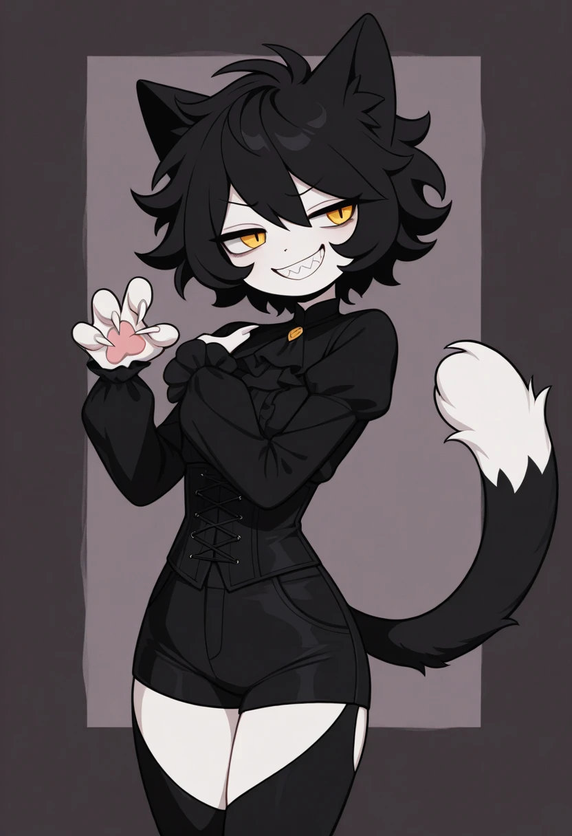 anthro,solo female,furry ,tuxedo cat,yellow eyes,black long gloves ,black short hair,random clothes