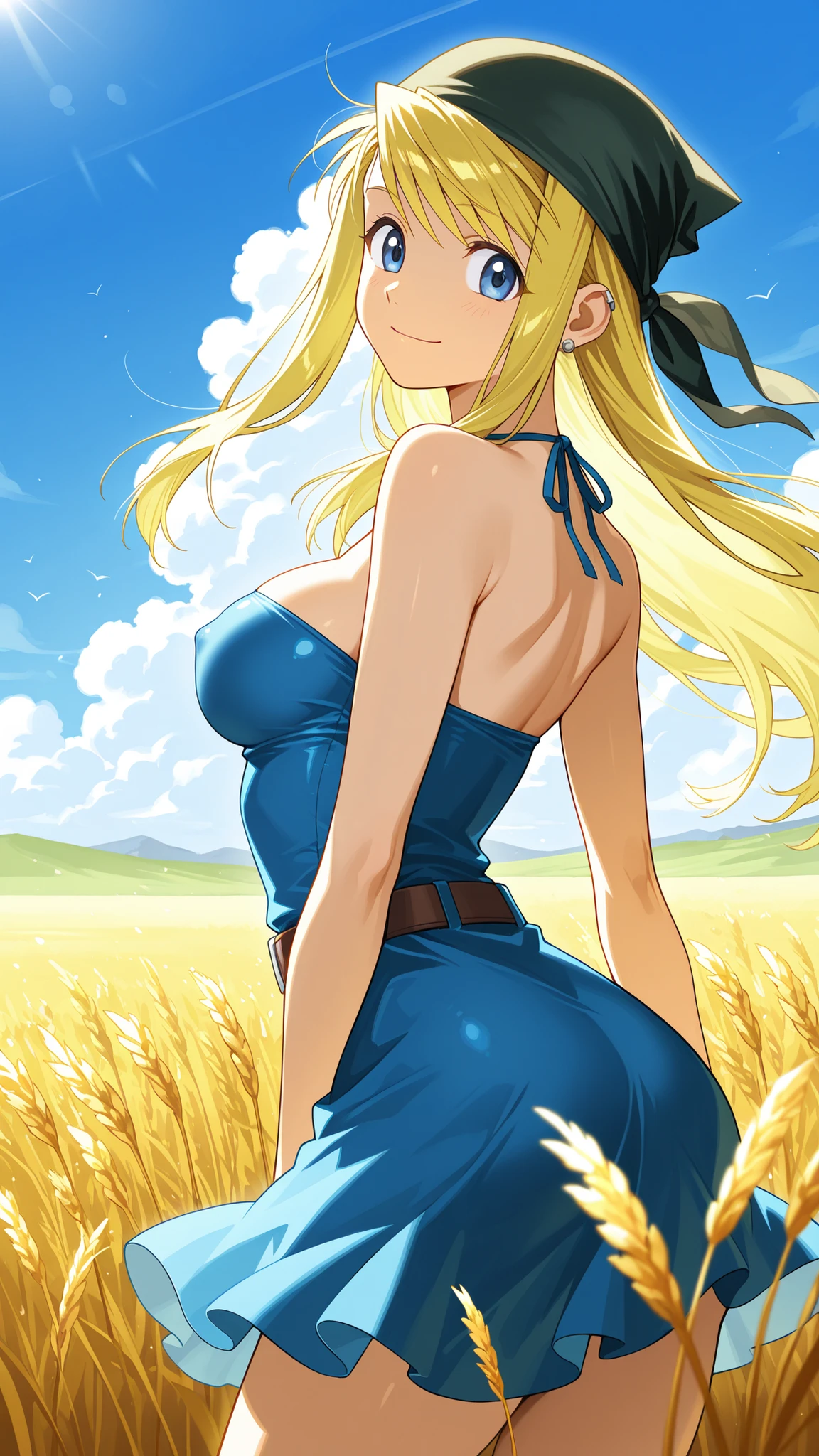 BREAK (masterpiece:1.2), best quality, high resolution, unity 8k wallpaper, (illustration:0.8), endless golden wheat field under a clear bright blue sky, soft fluffy clouds drifting slowly, vivid summer sunlight casting warm glow on the field, gentle breeze swaying the wheat stalks, peaceful and cinematic atmosphere, ultra-detailed natural lighting,winry rockbell, blue eyes, blonde hair,earrings,strapless, bandana,belt,sexy blue summer dress,white high kneesocks,cleavage,floating dress,looking at viewer,cowboy shot,wide-angel,seductive pose,berely vissible nipples,from behind,photo from back,arched back,smile,