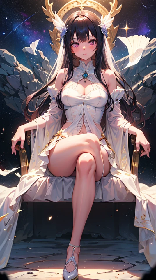 seamless image fusion, best quality, super fine, 16k, incredibly absurdres, extremely detailed, delicate and dynamic, beautiful and adorable white demon queen, silky straight white hair, captivating look, aroused expression, wearing iridescent pure white long dress,  superlative body proportion, crimson eyes, luxuriously designed pure white castle, languidly seated on gold-decorated throne, raindrops and iridescent petals fluttering down, rainbow neon light effects, beautiful artistic piece of art