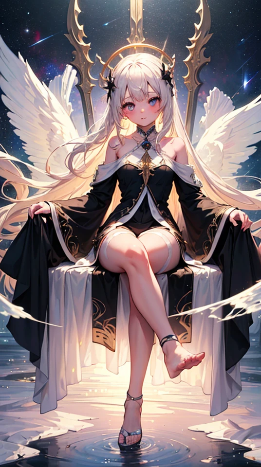 (((1girl))), ((best quality)), ((masterpiece)), ((ultra-detailed)), (illustration), (detailed light), (an extremely delicate and beautiful), (beautiful detailed eyes), (sunlight), ((extremely light)),  ((extremely clothes)), (((hyper detail))),(((((front lighting))))),(((((front light))))),

((((quite adorable purple magical dress with a skirt and robe and magical tiara)))),
, (((Mage))), (((angel))), ((((angel wings)))), ((((angel halo)))),

(((wavy long hair))), ((((platinum blonde hair)))), (((long hair))),
(((sky bule eyes))), 

((((whole body)))), aged 4 to 6, ((((())))), (((((quite adorable young girl))))),
(((condescending expression))), (mischievous smile with sexual satisfaction),  (((extra adorable))), (((extra slender shape))), 
(((extremely beautiful detailed face))),

((elegant magic gloves)), 
((elegant magic boots)), 
((((dynamically sitting on the magic circle)))), ((Dutch angle)), (((magical purple panties))), 

(((()))),
(((extremely thin thighagical white stockings)))