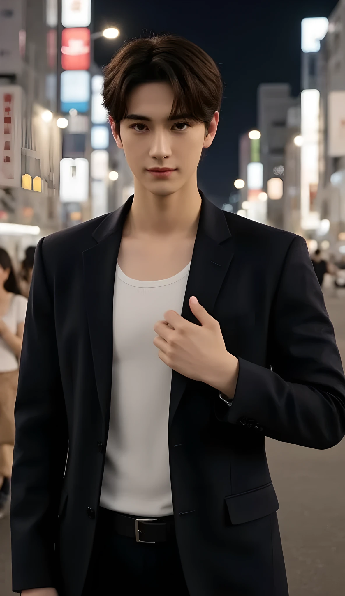 man standing in front of camera,One person、((full body shot with mahiru:1.5))、 with a smile、a portrait, Inspired by Ruben Tam, wearing a white tank top as an inner layer and a black suit,black belt、 ((CENTER PART HAIRSTYLE:1.5))、Justin Sun , headshot, For commercial use,  Asian male, Promotional Images、and the background is a girl holding hands with viewers in the downtown area of Shibuya in Tokyo at night