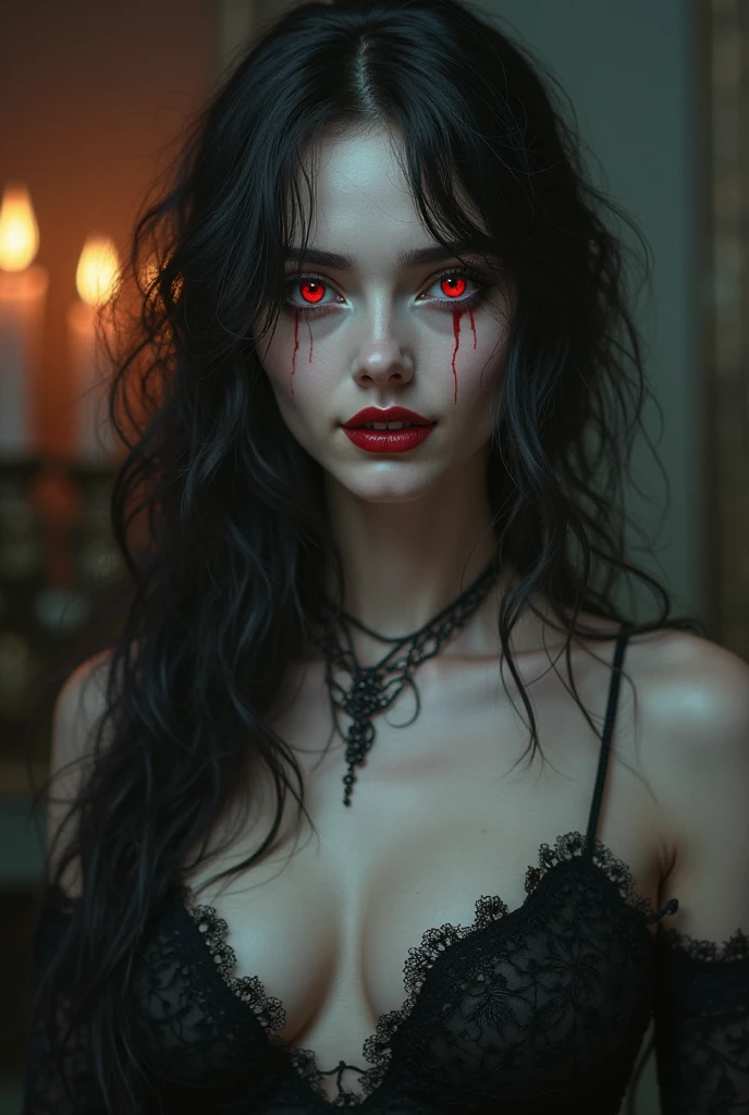 a beautiful vampire girl with bloody fangs, detailed facial features, pale skin, long dark hair, red glowing eyes, wearing a dark gothic dress, dramatic lighting, moody atmosphere, cinematic composition, dark fantasy style, high contrast, dramatic lighting, dark color palette