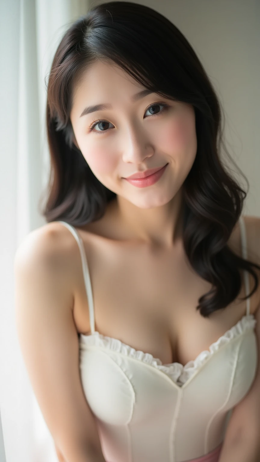 (1 person),hostess face、smiling face、20-year-old、married woman、white bra、white panties、beautiful feet、high quality、Super realistic、married womanの体型、日本人のmarried woman、 perfect eyes、Shining beautiful skin、Skyscraper