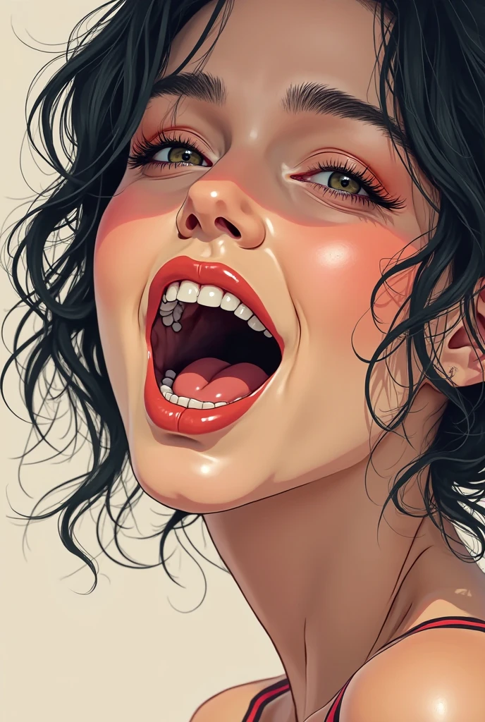<lora:SexyMouth_v1:0.25>sexymouth, artstation, incase, western artstyle, semi-realistic facial structure, painterly style, wide open mouth, 1girl, dark hair, open eyes, (cum, cock:1.2), makeup, tongue out, front view, cumshot, blue background , high detail eyes, masterpiece, best quality, perfect lighting, cinematic lighting, beauty,  <lora:Incase [MockAi - v1.0]:0.95>