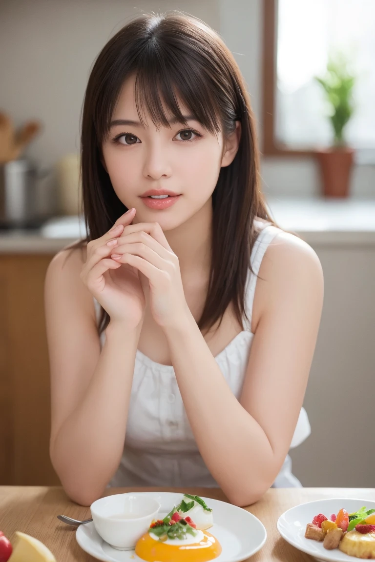 "(highest quality,8K,High resolution,masterpiece:1.2),Super detailed,(realistic,photorealistic,photo-realistic:1.37),soft focus,18-year-old,beautiful and detailed face,Detail view,renaissance art,delicate artwork,kitchen,kitchen apron,teenage girl,seductive lingerie,Gentle milk dripping onto my chest, Bright colors,studio lighting"