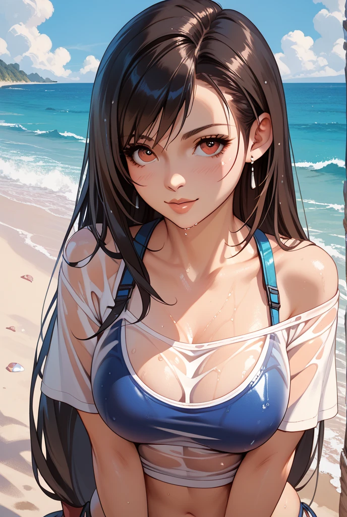 Tifa Lockhart:1.4,Royal Blue bikini,beach setting,beautiful detailed eyes,beautiful detailed lips,extremely detailed eyes and face, (red eyes:1.3),long eyelashes,(best quality,4k,8k,highres,masterpiece:1.2),ultra-detailed,HDR,UHD,studio lighting,ultra-fine painting,sharp focus,physically-based rendering,extreme detail description,professional,vivid colors,bokeh,portraits,landscape,anime,sci-fi,photography,concept artists,cool-toned colors,warm sunlight
