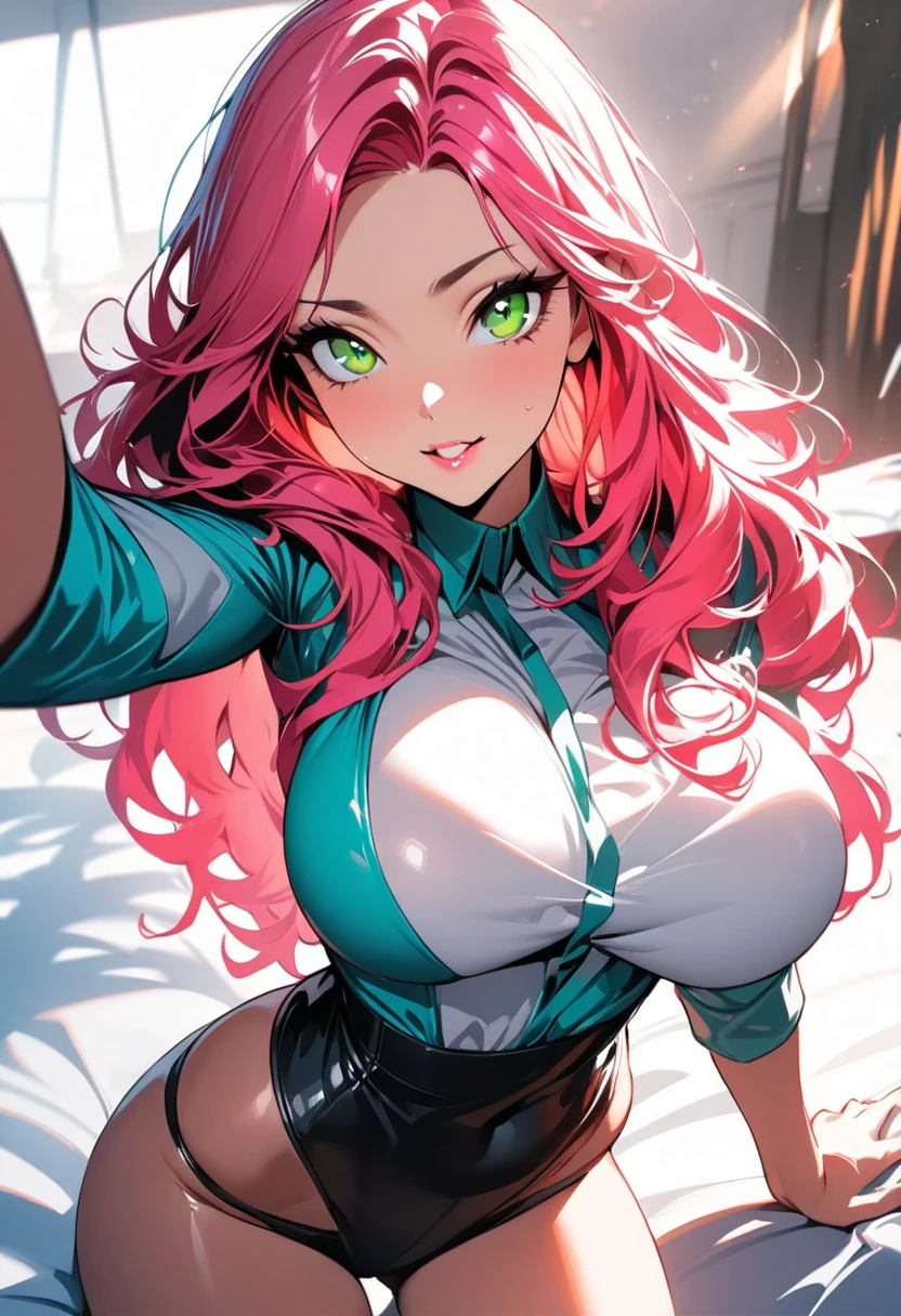 (orange hair), (1girl), green eyes, big lips, pretty lips, ((gyaru)), gyaru hairstyle, (pink crop top), (short jean skirt), ((masterpiece)), ((best quality)), soft shading, underboob peak, highres, smile, thick body, ((pink highlights)), luxury apartment, on bed, sexy POV,