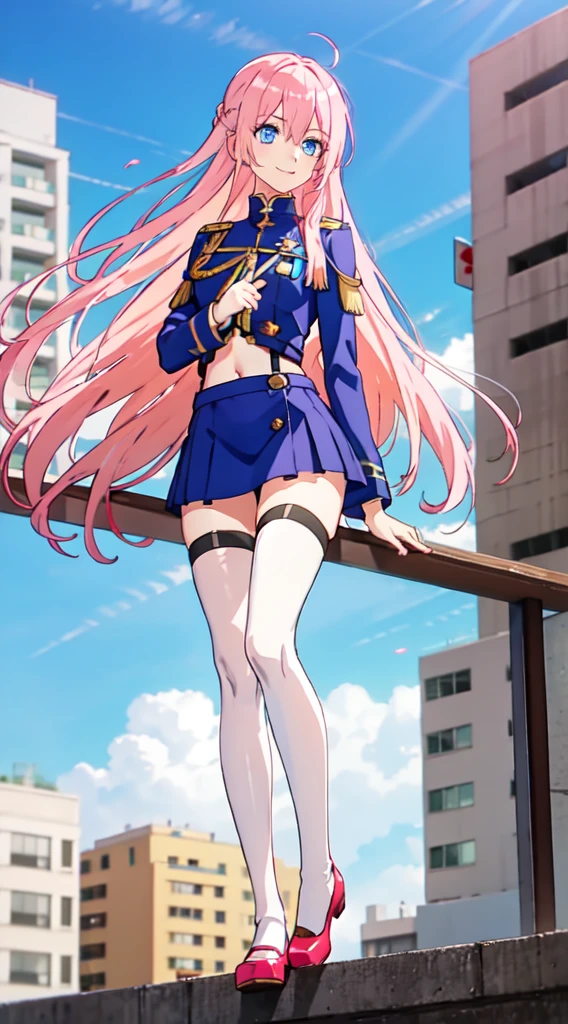 shikimori, slim legs, navel, short skirt, standing, beautiful eyes, blue eyes, happy, soldier uniform, pink hair, long hair, thigh high socks, office