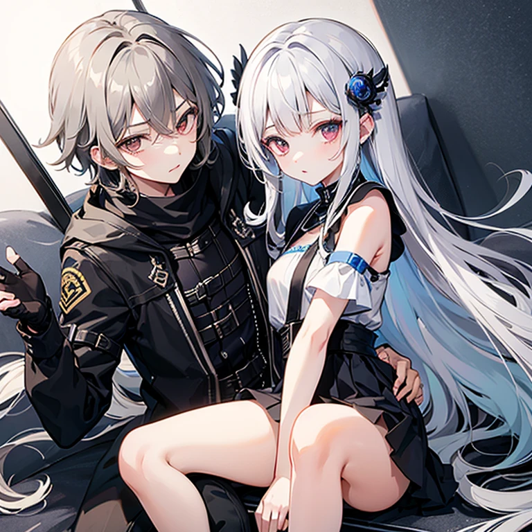 Ultra-Detailed, Best quality,Highres, masterpiece, (1girl), (1boy), jacket, white hair, grey eyes