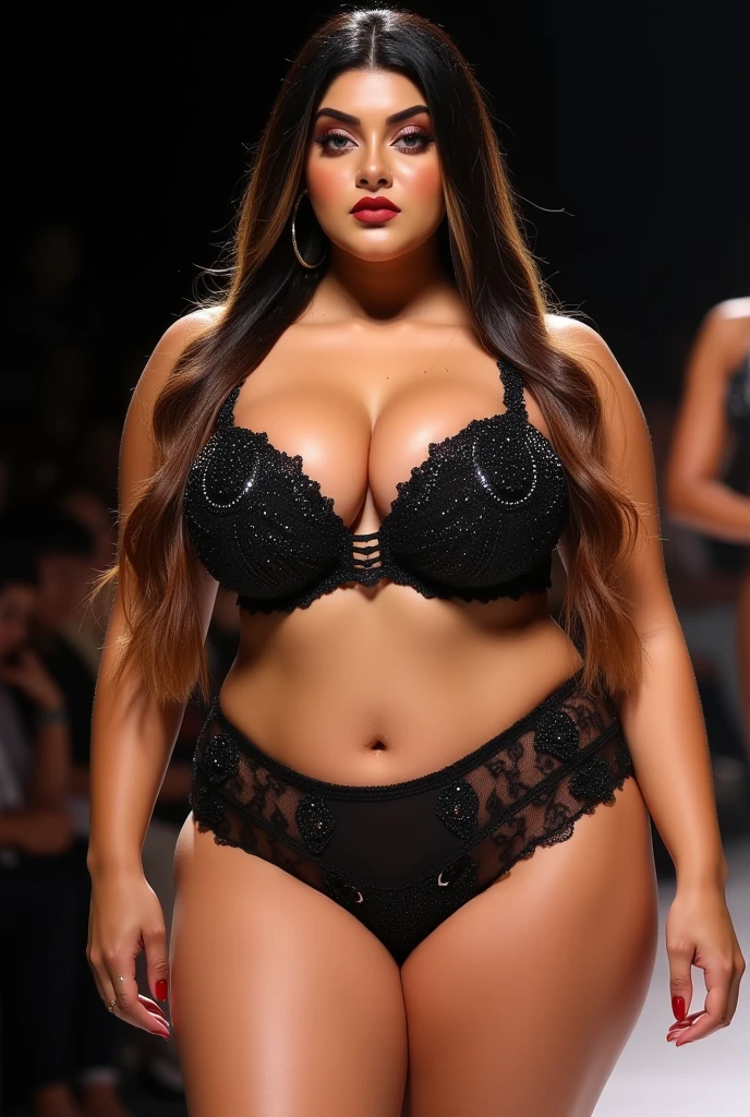 Thick curvy , beautiful indian girl in black bra and panty belly dancer dress surrounded by male crowd , hourglass figure , male crowd in the background, thick thighs , side back full body shot 
