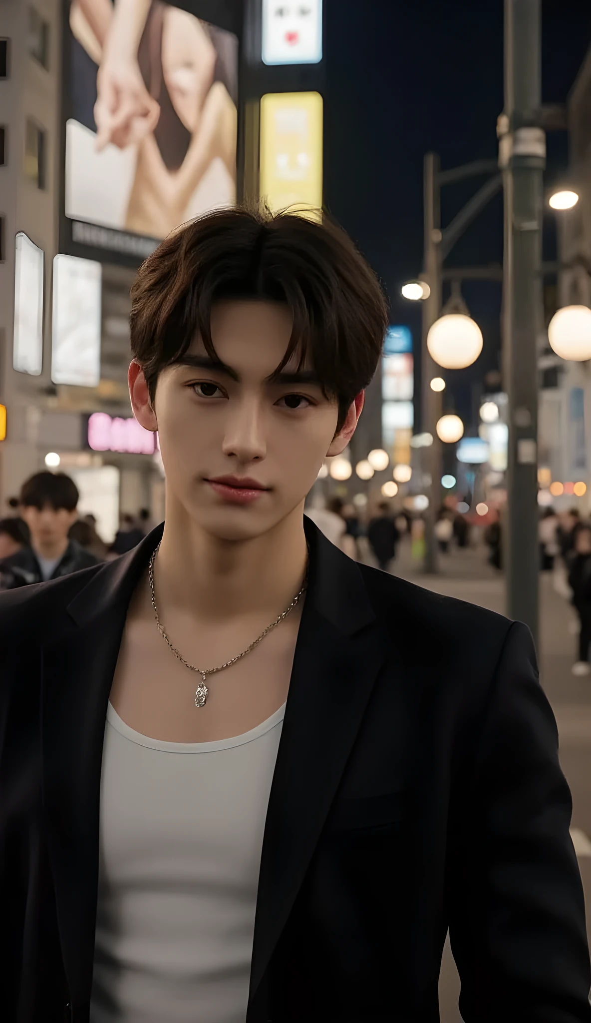 man standing in front of camera,One person、((full body shot with mahiru:1.5))、 ((Staring at the camera with a smile:1.5))、a portrait, Inspired by Ruben Tam, wearing a white tank top as an inner layer and a black suit,black belt、 ((CENTER PART HAIRSTYLE:1.5))、Justin Sun , headshot, For commercial use,  Asian male, Promotional Images、and the background is a girl holding hands with viewers in the downtown area of Shibuya in Tokyo at night