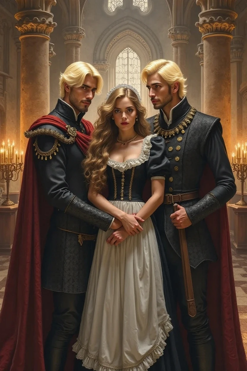 Family of 4. King is standing next to the queen. Her hair is medium long blonde, Her eyes are green, clear skin, high. The queen wears her all-white hair in an elegant bun. dressed in red and black like the king. Both of them avoid being over 30 years old.. In front of them is the princess, a 1 young woman, Her long white hair loose in waves, Amber eyes like the queen and the prince. He is , blond and has one green eye and one amber eye..